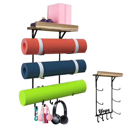 Yoga Mat Holder, Yoga Mat Storage Wall Mount Sturdy Yoga Mat Rack Organizer with 4 Hooks for Foam Roller Resistance Bands and Yoga Equipment Accessories at Home Gym